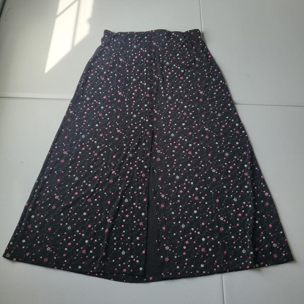 Y2K Whimsigoth Womens Medium Petite Black Floral A-Line Maxi Stretch